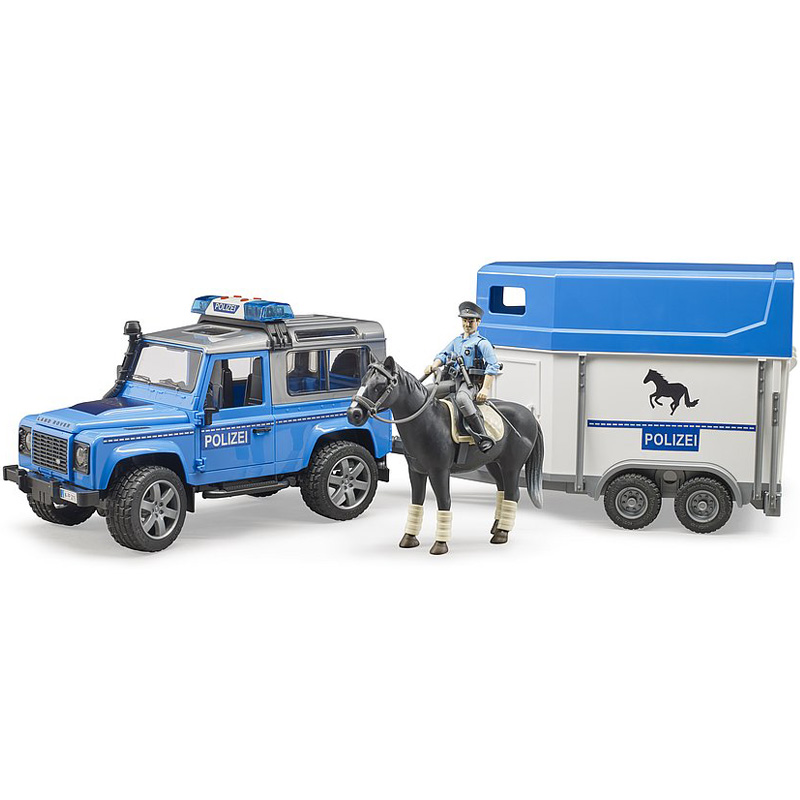 BRUDER 2588 Policejní Land Rover Defender s přepravníkem na koně a policistou