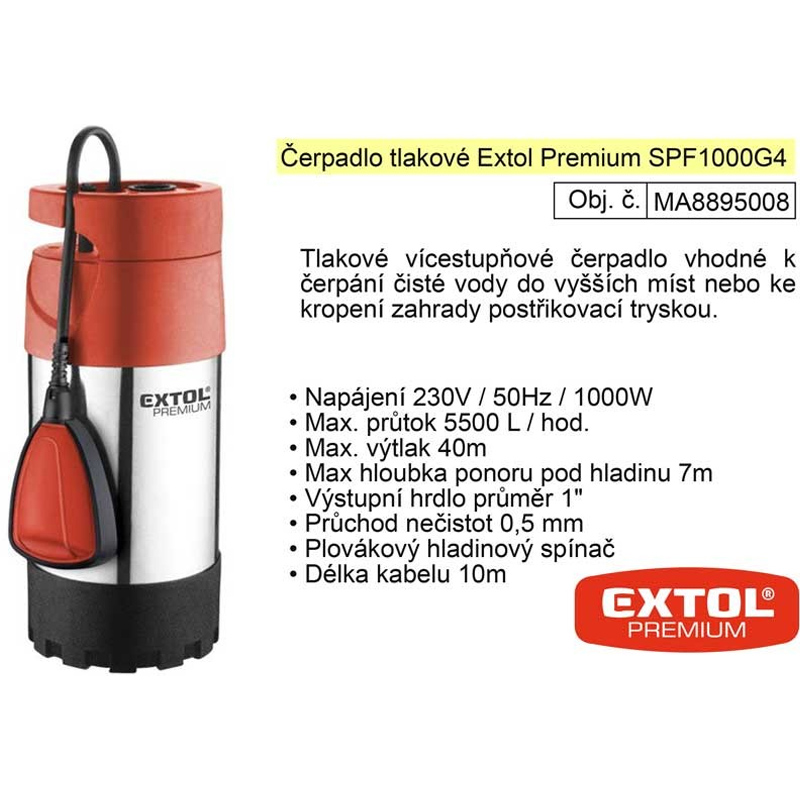 Ponorné tlakové čerpadlo EXTOL PREMIUM 1000W, 5500 l/h, 10m 8895008