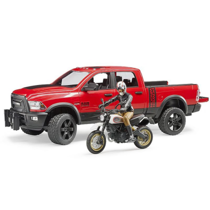 BRUDER 2502 Terénní auto RAM 2500 Power Wagon s Scramblerem Ducati Desert Sled a řidič