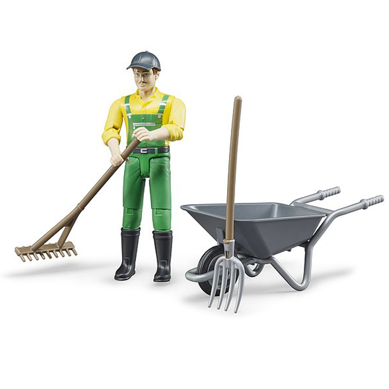 BRUDER 62610 Figurka - zemědělec s kolečkem a příslušenstvím
