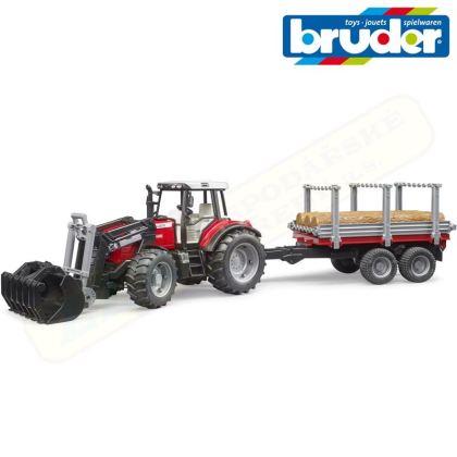 BRUDER 2046 Traktor Massey Ferguson 7480 + vůz na klády