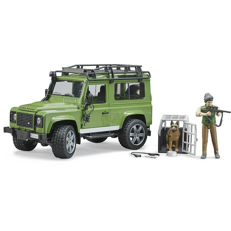 BRUDER 2587 Land Rover Defender, figurka myslivce a psa