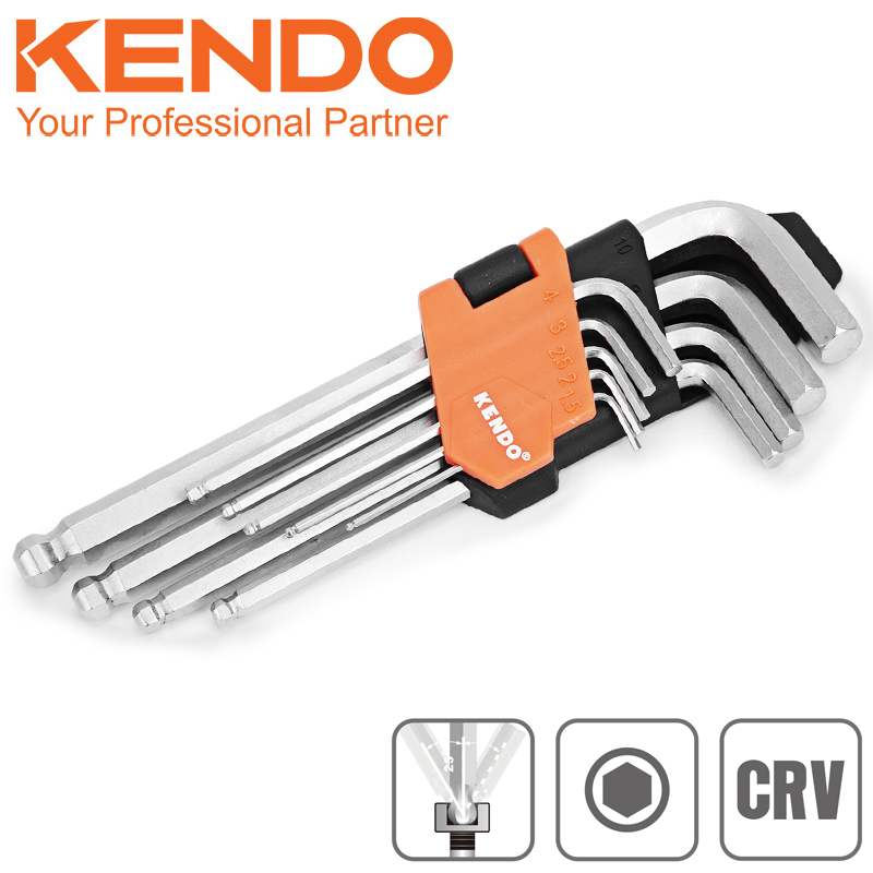 KENDO Sada imbusových klíčů L s kuličkou 9ks 1,5-10mm střední CRV 20733
