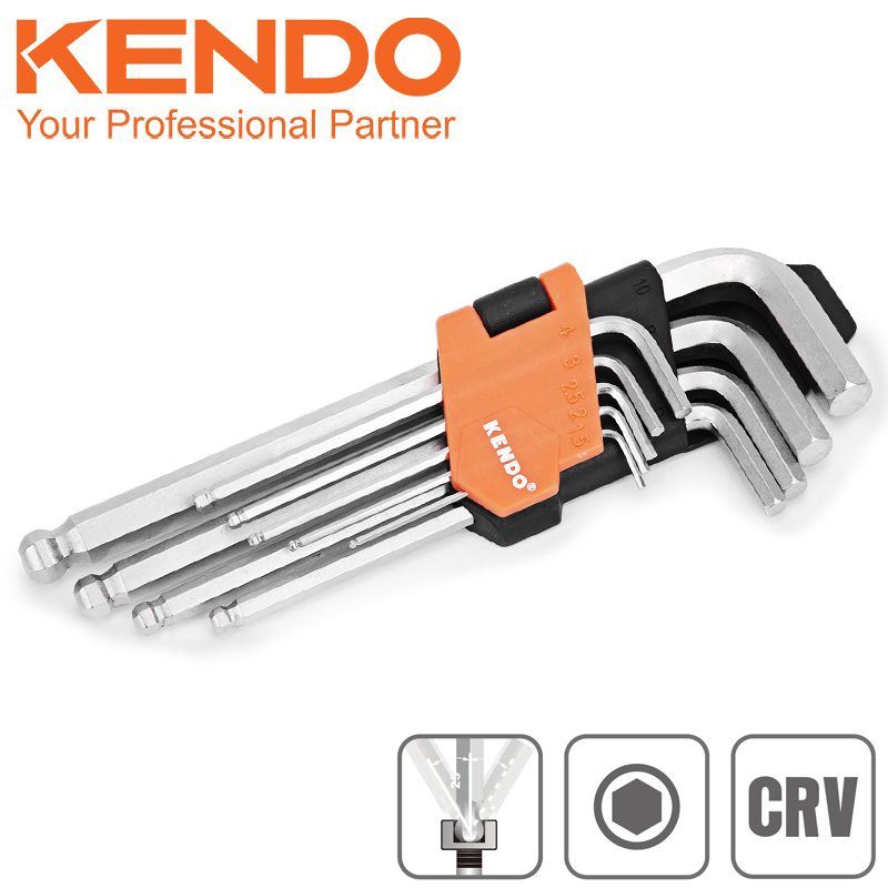 KENDO Sada imbusových klíčů L s kuličkou 9ks 1,5-10mm dlouhá CRV 20736